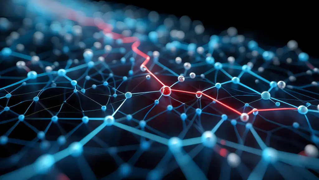 Abstract visualization of a suspicious crypto transaction trace in a blockchain network - FraudNotes analysis.